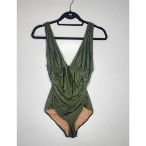 J.Crew Swimsuit Womens 10 Green One Piece Ruched Plunge Deep V Neck Reimagined